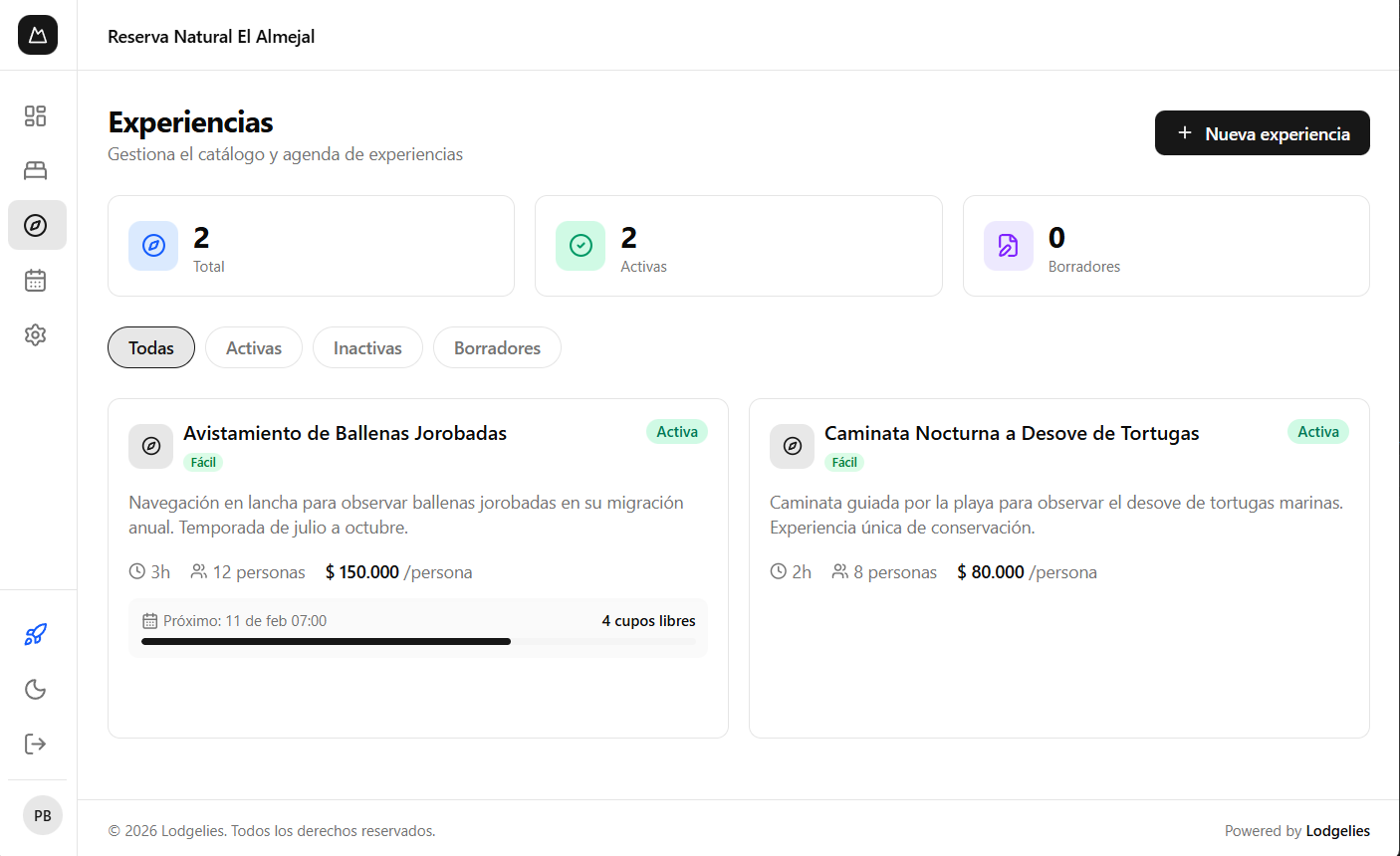 Vista de experiencias en Lodgelys